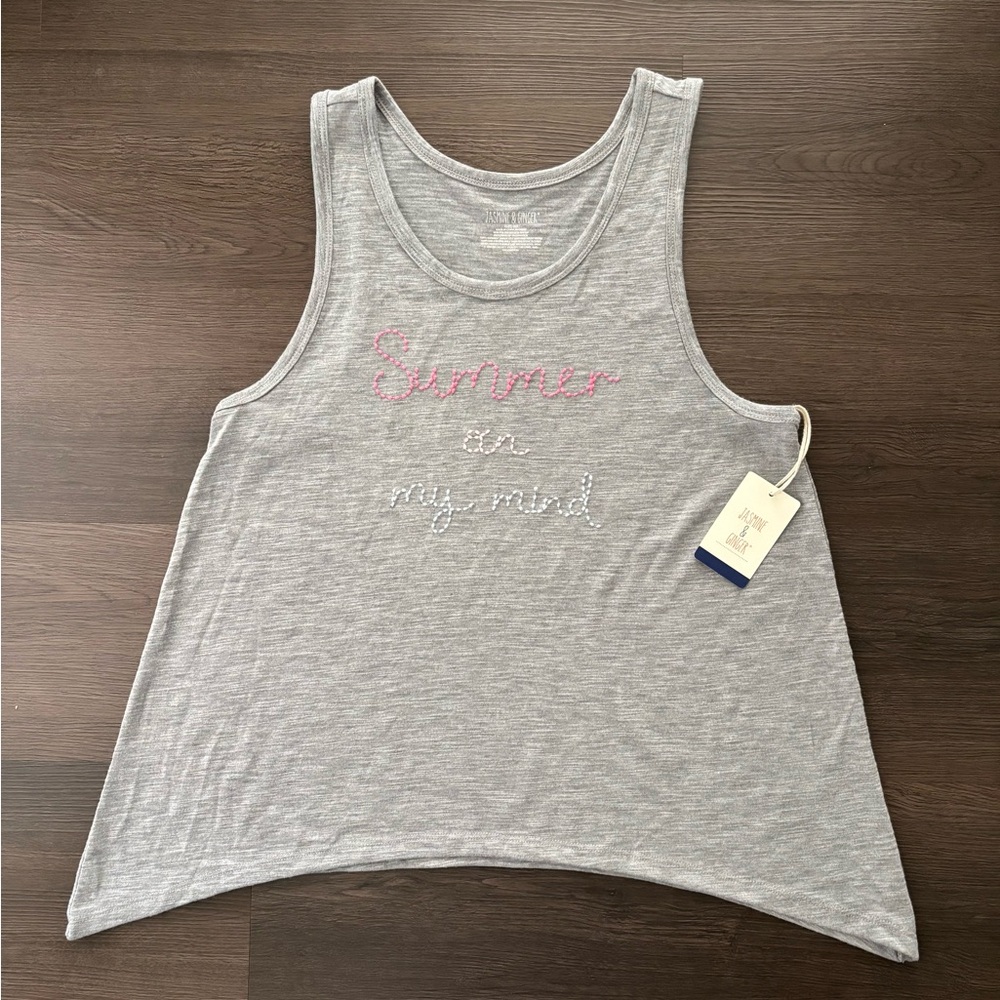 Jasmine & Ginger NWT Gray Tank Top with Embroidered Text Sz XS